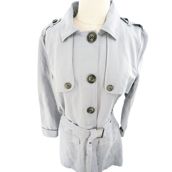cabi linen & cotton trench style coat in periwinkle, lilac medium - Picture 8 of 16
